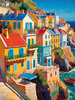 Impressionistic Art Print of Coastal Town with Cliffside Homes Overlooking the Sea