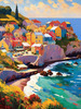 Impressionistic Art Print of Coastal Town with Cliffside Homes Overlooking the Sea