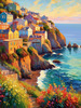Impressionistic Art Print of Coastal Town with Cliffside Homes Overlooking the Sea