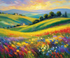 Impressionistic Art of a Rural Countryside with Wind-Swept Rolling Hills and Wildflowers