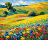 Impressionistic Art of a Rural Countryside with Wind-Swept Rolling Hills and Wildflowers