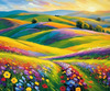 Impressionistic Art of a Rural Countryside with Wind-Swept Rolling Hills and Wildflowers