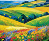 Impressionistic Art of a Rural Countryside with Wind-Swept Rolling Hills and Wildflowers