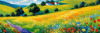 Impressionistic Art of a Rural Countryside with Wind-Swept Rolling Hills and Wildflowers