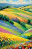 Impressionistic Art of a Rural Countryside with Wind-Swept Rolling Hills and Wildflowers