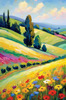 Impressionistic Art of a Rural Countryside with Wind-Swept Rolling Hills and Wildflowers
