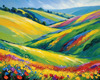 Impressionistic Art of a Rural Countryside with Wind-Swept Rolling Hills and Wildflowers