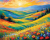 Impressionistic Art of a Rural Countryside with Wind-Swept Rolling Hills and Wildflowers