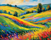 Impressionistic Art of a Rural Countryside with Wind-Swept Rolling Hills and Wildflowers