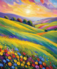 Impressionistic Art of a Rural Countryside with Wind-Swept Rolling Hills and Wildflowers