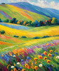 Impressionistic Art of a Rural Countryside with Wind-Swept Rolling Hills and Wildflowers