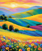 Impressionistic Art of a Rural Countryside with Wind-Swept Rolling Hills and Wildflowers