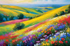 Impressionistic Art of a Rural Countryside with Wind-Swept Rolling Hills and Wildflowers