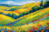 Impressionistic Art of a Rural Countryside with Wind-Swept Rolling Hills and Wildflowers