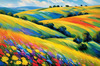 Impressionistic Art of a Rural Countryside with Wind-Swept Rolling Hills and Wildflowers