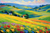 Impressionistic Art of a Rural Countryside with Wind-Swept Rolling Hills and Wildflowers