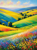 Impressionistic Art of a Rural Countryside with Wind-Swept Rolling Hills and Wildflowers