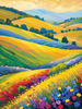Impressionistic Art of a Rural Countryside with Wind-Swept Rolling Hills and Wildflowers