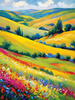 Impressionistic Art of a Rural Countryside with Wind-Swept Rolling Hills and Wildflowers