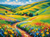 Impressionistic Art of a Rural Countryside with Wind-Swept Rolling Hills and Wildflowers