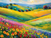 Impressionistic Art of a Rural Countryside with Wind-Swept Rolling Hills and Wildflowers