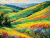 Impressionistic Art of a Rural Countryside with Wind-Swept Rolling Hills and Wildflowers