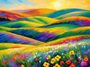 Impressionistic Art of a Rural Countryside with Wind-Swept Rolling Hills and Wildflowers