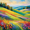Impressionistic Art of a Rural Countryside with Wind-Swept Rolling Hills and Wildflowers