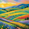 Impressionistic Art of a Rural Countryside with Wind-Swept Rolling Hills and Wildflowers