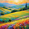 Impressionistic Art of a Rural Countryside with Wind-Swept Rolling Hills and Wildflowers
