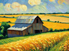 Impressionistic Art Print of a Rustic Barn in Countryside Grain Fields