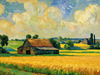Impressionistic Art Print of a Rustic Barn in Countryside Grain Fields