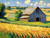Impressionistic Art Print of a Rustic Barn in Countryside Grain Fields