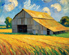 Impressionistic Art Print of a Rustic Barn in Countryside Grain Fields