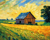 Impressionistic Art Print of a Rustic Barn in Countryside Grain Fields