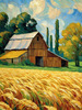 Impressionistic Art Print of a Rustic Barn in Countryside Grain Fields
