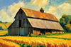 Impressionistic Art Print of a Rustic Barn in Countryside Grain Fields