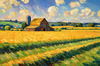 Impressionistic Art Print of a Rustic Barn in Countryside Grain Fields