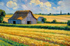 Impressionistic Art Print of a Rustic Barn in Countryside Grain Fields