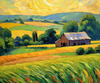 Impressionistic Art Print of a Rustic Barn in Countryside Grain Fields