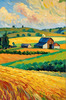 Impressionistic Art Print of a Rustic Barn in Countryside Grain Fields