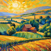 Impressionistic Art Print of a Rustic Barn in Countryside Grain Fields
