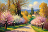 Printable Impressionistic Art of a Countryside Lane with Blossoming Trees