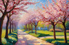 Printable Impressionistic Art of a Countryside Lane with Blossoming Trees
