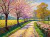 Printable Impressionistic Art of a Countryside Lane with Blossoming Trees