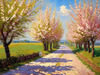 Printable Impressionistic Art of a Countryside Lane with Blossoming Trees
