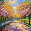Printable Impressionistic Art of a Countryside Lane with Blossoming Trees
