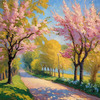 Printable Impressionistic Art of a Countryside Lane with Blossoming Trees