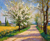 Printable Impressionistic Art of a Countryside Lane with Blossoming Trees