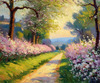 Printable Impressionistic Art of a Countryside Lane with Blossoming Trees
